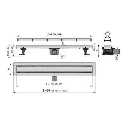 Душевой лоток Alcadrain APZ13-DOUBLE9-950 95х5 нержавеющая сталь