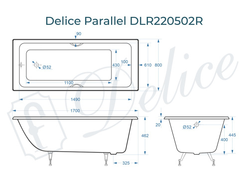 Ванна чугунная Delice Parallel DLR220502RB 170х80 пристенная прямоугольная без ножек с ручками - фото 3