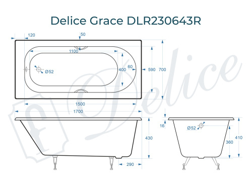 Ванна чугунная Delice Grace DLR230643R 170х70 пристенная прямоугольная без ножек с отверстиями под ручки - фото 3