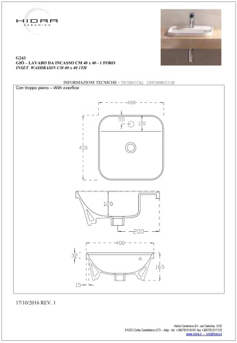 Раковина керамическая Hidra Gio G243/026 40х40 встраиваемая цвет черный матовый 1 отверстие под смеситель - фото 2