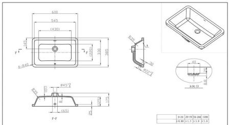 Раковина из сантехнического фарфора Bravat C22171W-ENG 60х40 встраиваемая цвет белый без отверстий под смеситель